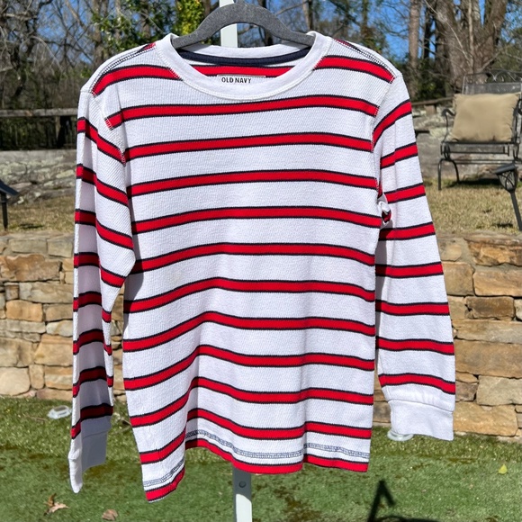 Old Navy White Long-Sleeve, Waffle-Knit Shirt with Red and Navy Stripes - Picture 1 of 11